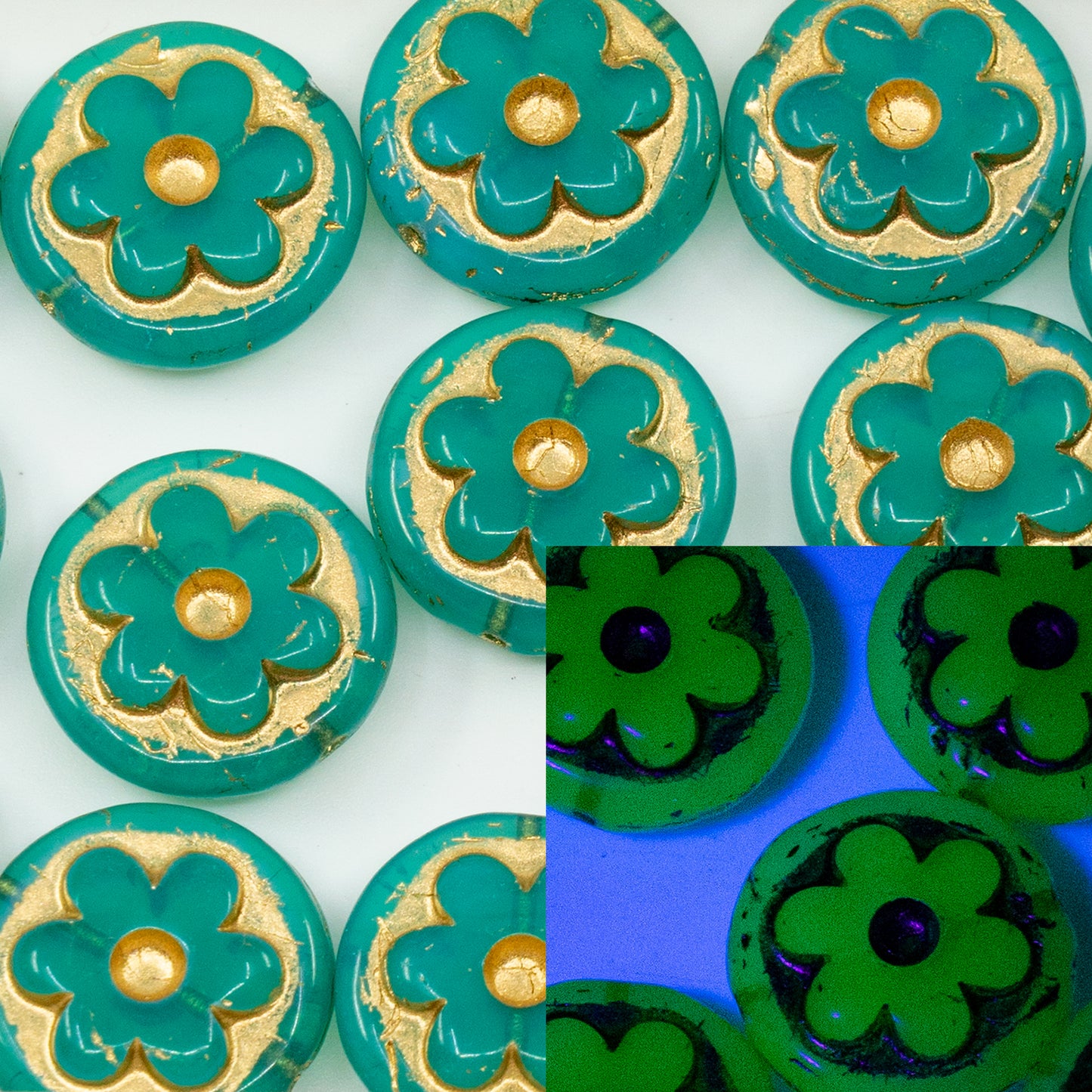 OUTLET 10g Round With Convex Flower Pressed Glass Beads, 17 x 17 mm, Opal Green Gold Lined (52010-54202), Glass, Czech Republic