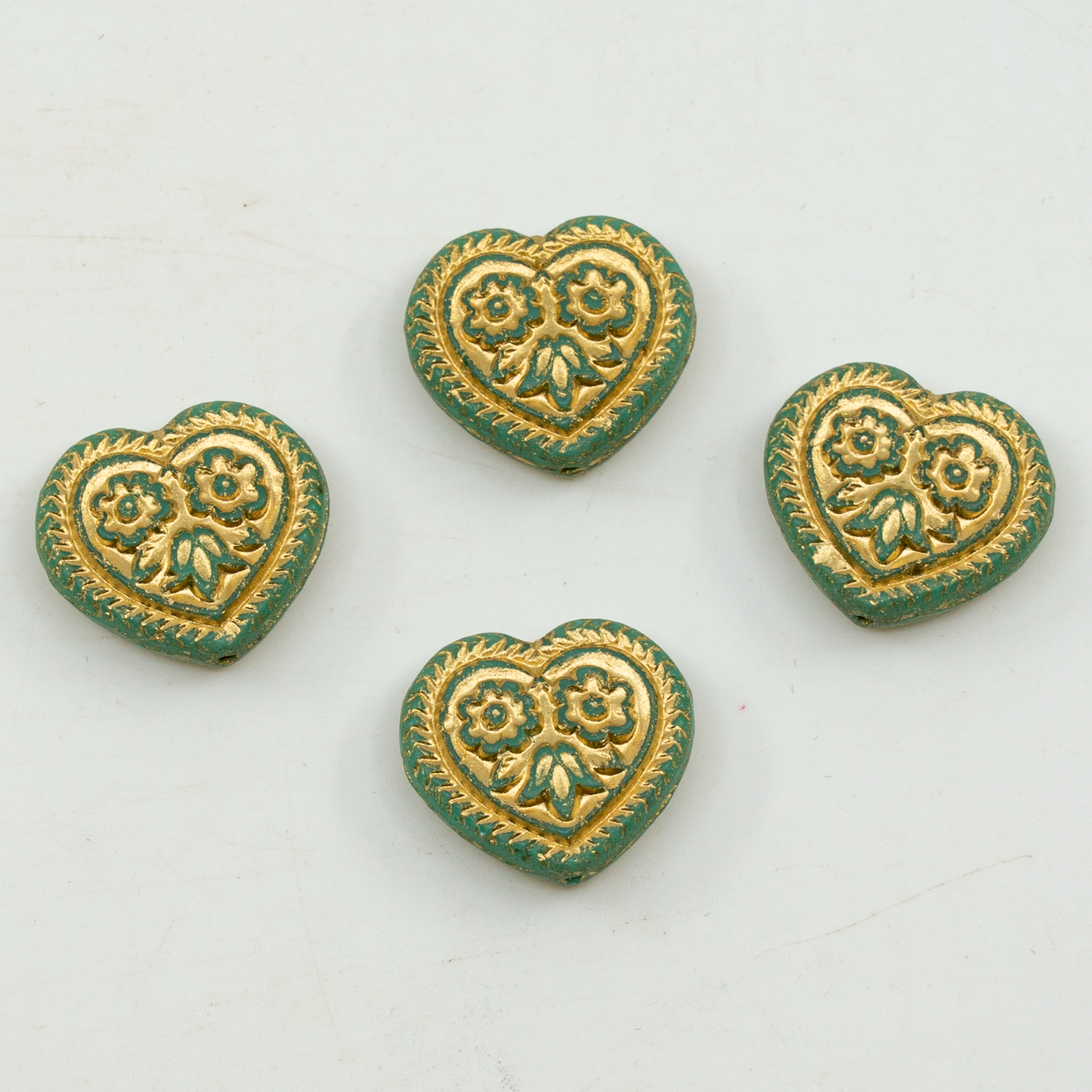 OUTLET 10 grams Heart With Folklore Flowers Beads, 17 x 17 mm, Green Gold Lined (green-54202), Glass, Czech Republic