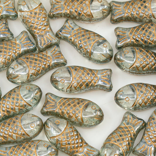 OUTLET 250克中号鱼形珠，20 x 7毫米，水晶光泽绿色，全镀金内衬（00030-14457-54302），玻璃，捷克共和国