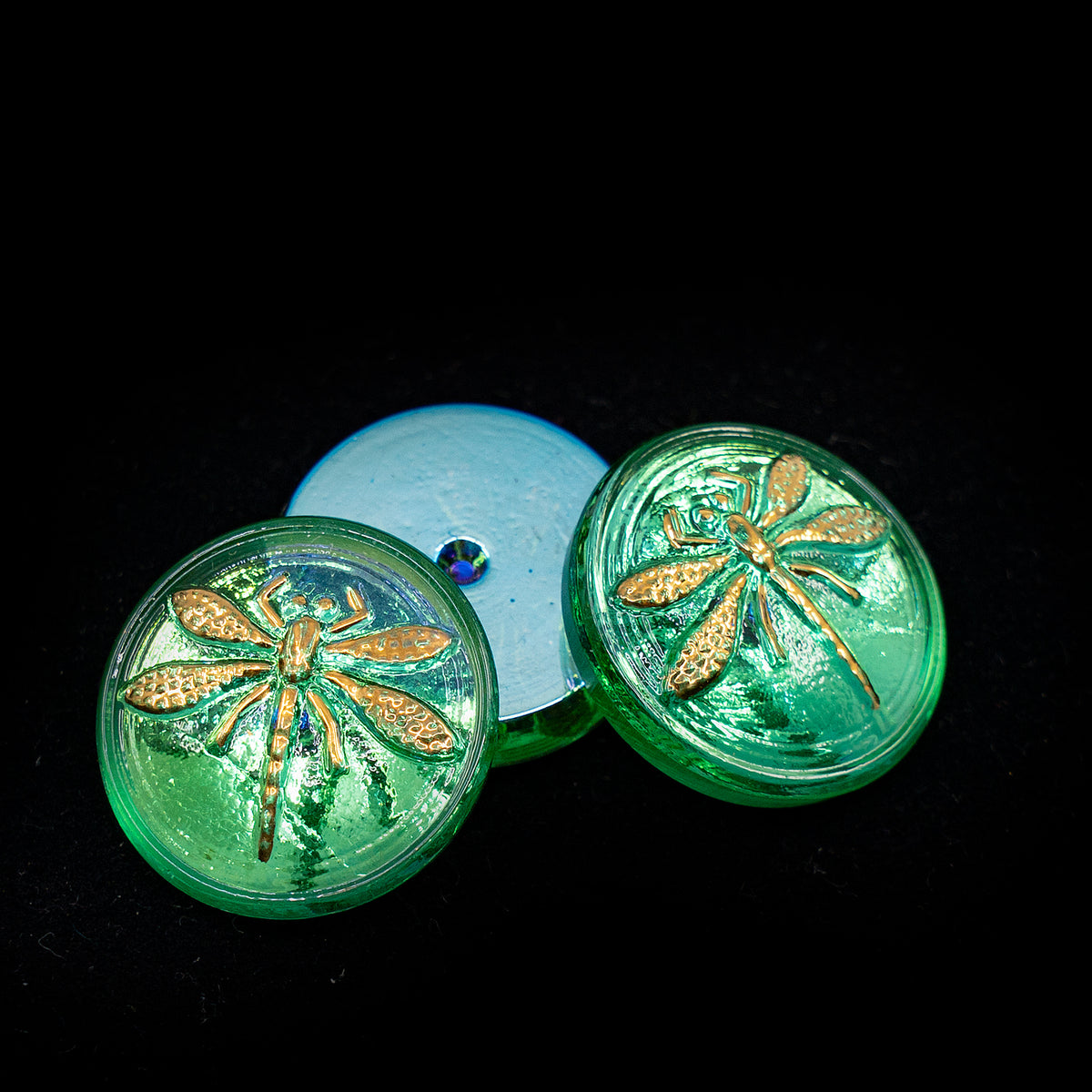 OUTLET 1 pcs Czech Glass Handmade Cabochon, s8, Green Dragonfly Gold AB, Glass, Czech Republic