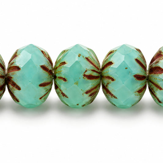 Special Cut Faceted Fire Polished Beads, Opal Aqua Stain Strong (61100-86805), Glass, Czech Republic
