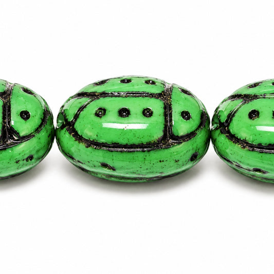 Ladybird Beads, Opaque Green Black Lined (53230-46769), Glass, Czech Republic