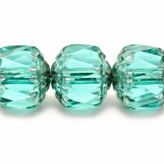 Cathedral Faceted Fire Polished Beads, Transparent Aqua Platin (60110-13702), Glass, Czech Republic