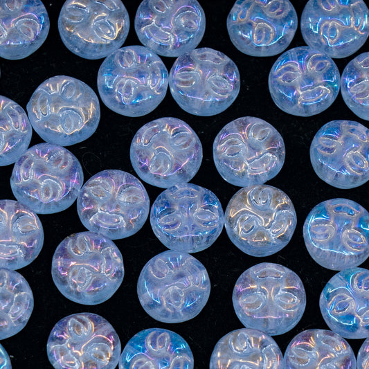 OUTLET 250g/50g Moon Face Pressed Beads, 9 x 9 mm, Transparent Light Amethyst Rainbow Iris (20210-21405), Glass, Czech Republic