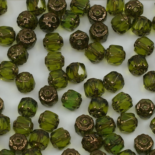 OUTLET 250g/50g Cathedral Faceted Fire Polished Beads, 6 x 6 mm, Transparent Green Bronze (50230-14415), Glass, Czech Republic