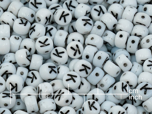 OUTLET 250g Pressed Czech Glass Letter Number Beads, 6 x 6 mm, (k), White Black Lined, Glass, Czech Republic