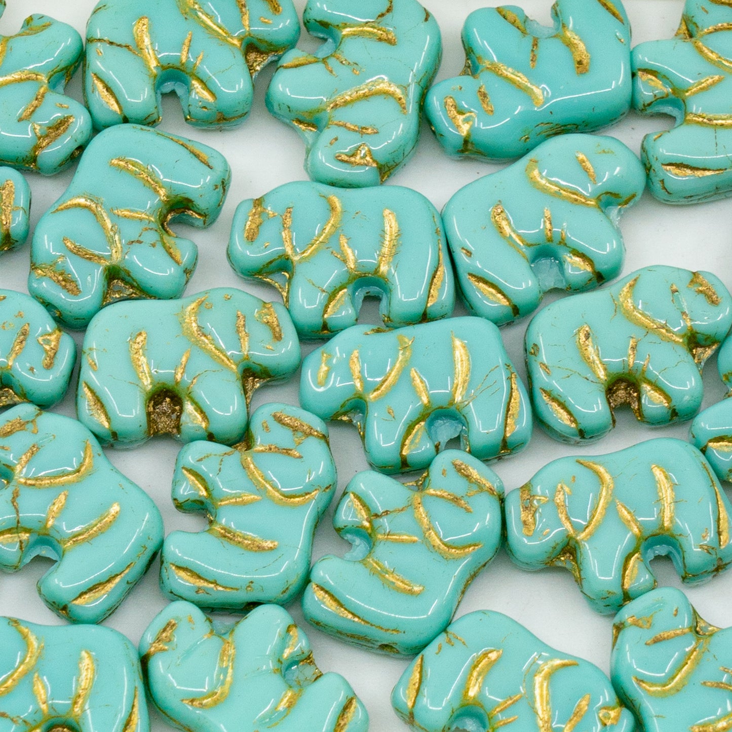 アウトレット 250g/50g スモールエレファントビーズ、15 x 11 mm、ターコイズゴールドライン（63120-54302）、ガラス、チェコ共和国