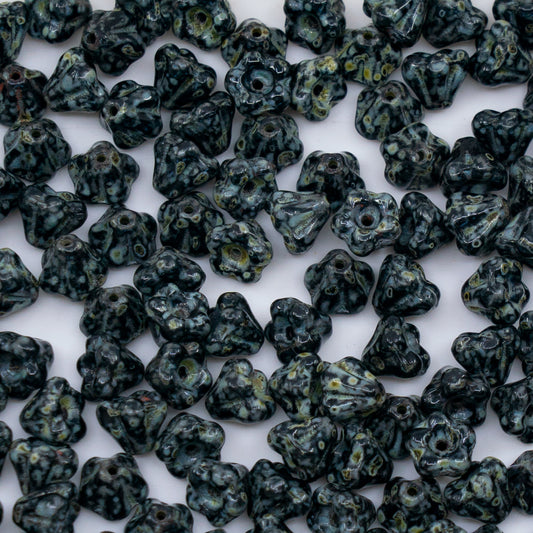 OUTLET 250g/50g Bell Flower Beads, 4 x 6 mm, Black Travertin (23980-86800), Glass, Czech Republic