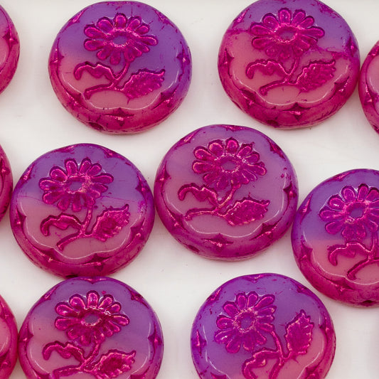 OUTLET 10 grams Round Flat With Flower Marguerite Pressed Glass Beads, 18 x 18 mm, Opal Pink 22310 54520 (72010-22310-54520), Glass, Czech Republic