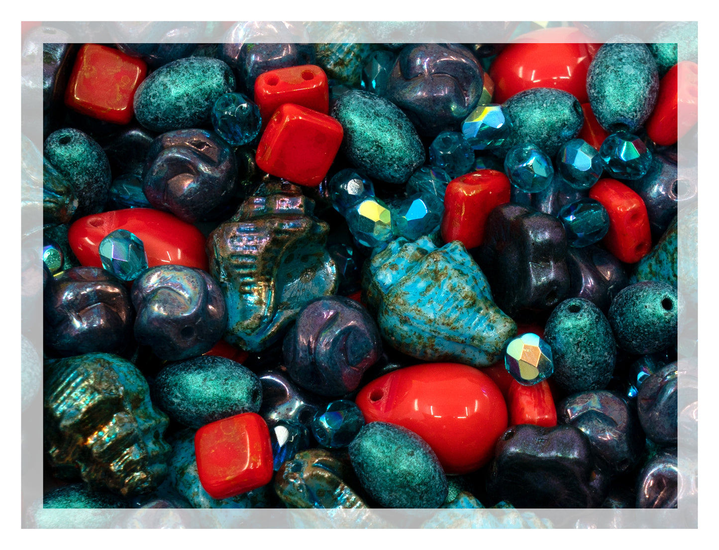 Mix of Unique Czech Bohemia Glass Pressed Beads, Matte and Glossy, Hand Made, Coral Red Turquoise New