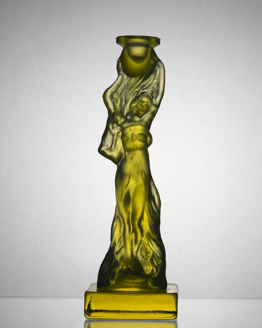 Art Nouveau Woman Candle Holder on a Pedestal – Uranium Art Glass, Czech Republic, OUTLET