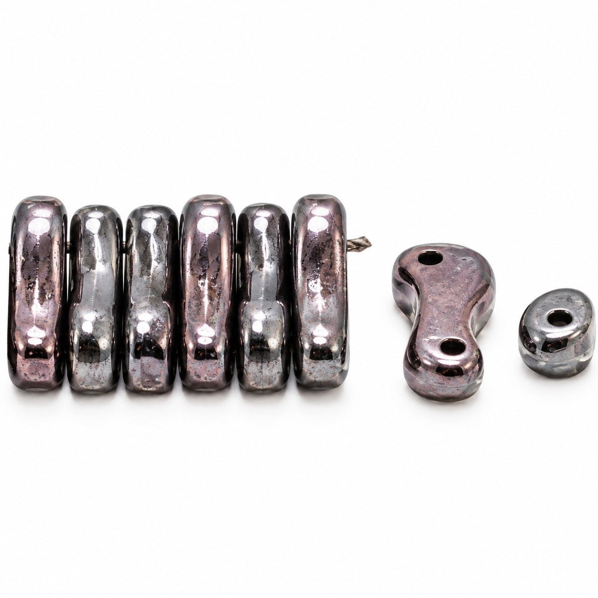 2-Hole Pressed Beads, Black Stain With Luster Blue (23980-65431), Glass, Czech Republic