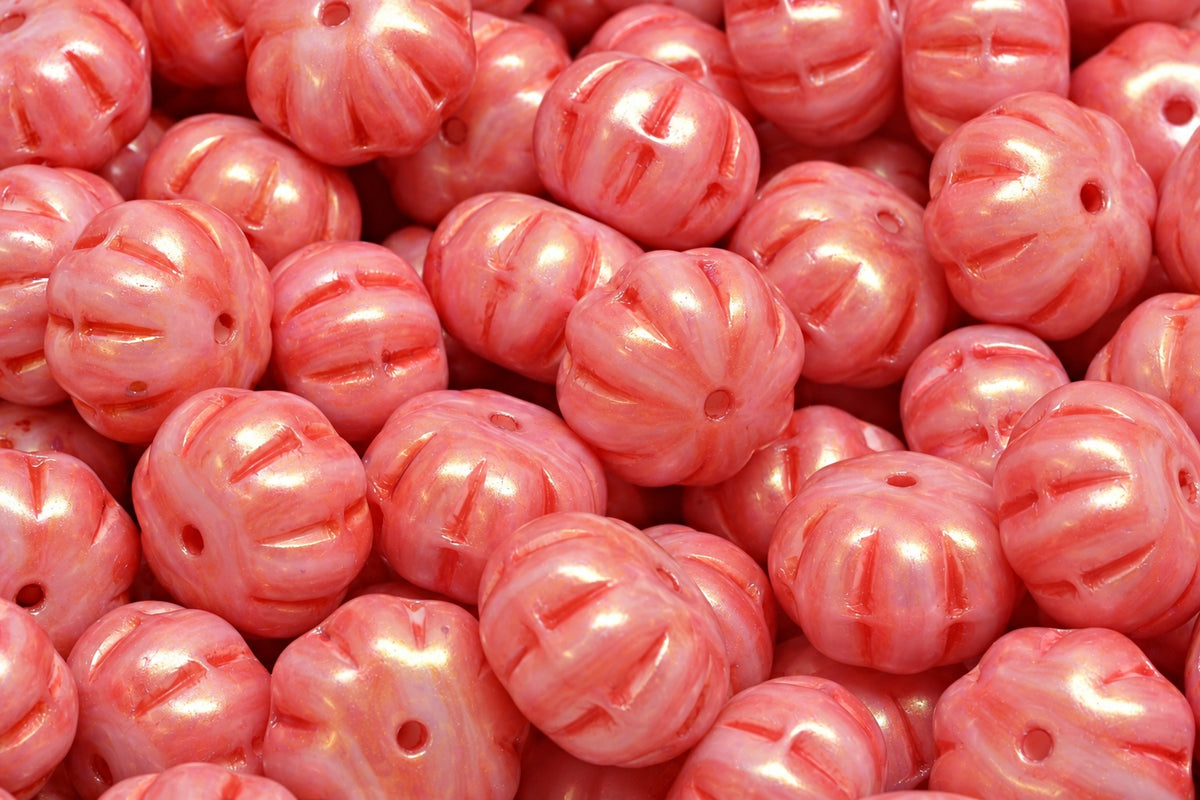 Pumpkin Beads, White Red Luster Red Full Coated (R2932-14495), Glass, Czech Republic