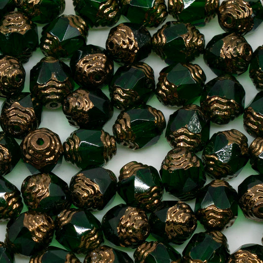 OUTLET 10g Special Cut Faceted Fire Polished Beads, 10 x 8 mm, Transparent Green Bronze (50140-14415), Glass, Czech Republic