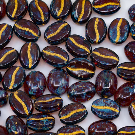 OUTLET 250g/50g Coffee Bean Beads, 11 x 8 mm, Transparent Brown Travertin Gold Lined (10210-86800-54302), Glass, Czech Republic