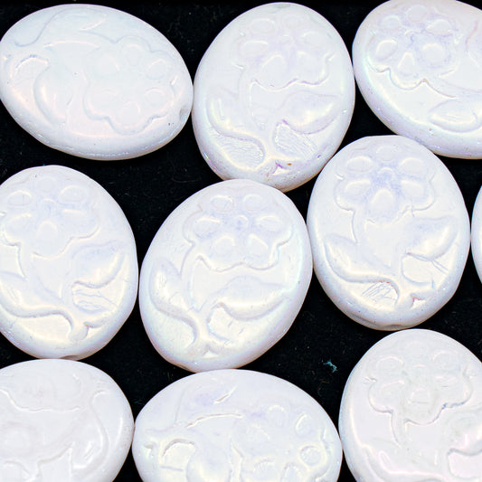 OUTLET 250g/50g Oval With Flower Beads, 21 x 16 mm, White Ab Full (2X Side) (02010-28703), Glass, Czech Republic