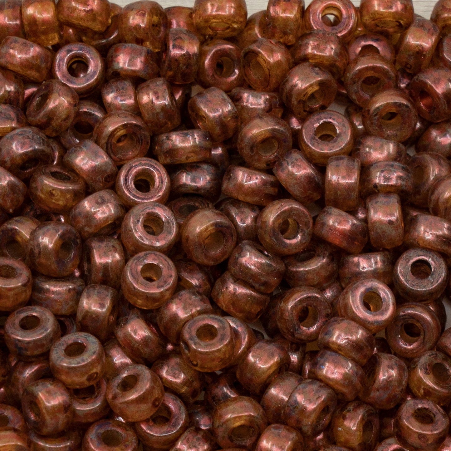 アウトレット 250g ポニーベーグルビーズ（大穴）、6 x 6 mm、クリスタル銅光沢スポット（00030-65328）、ガラス、チェコ共和国