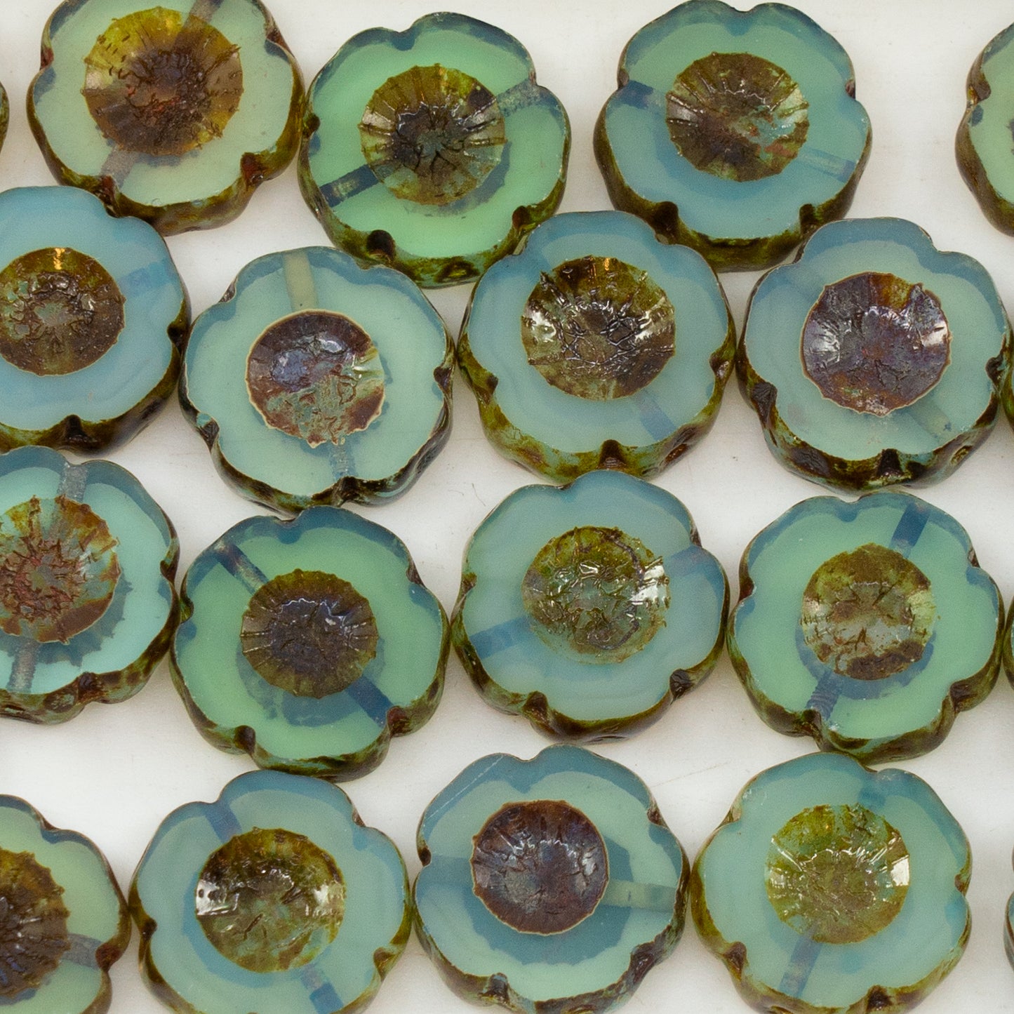 OUTLET 10 grams Table Cut Hawaii Flower Beads, 14 x 14 mm, Opal Aqua Travertin (61100-86800), Glass, Czech Republic