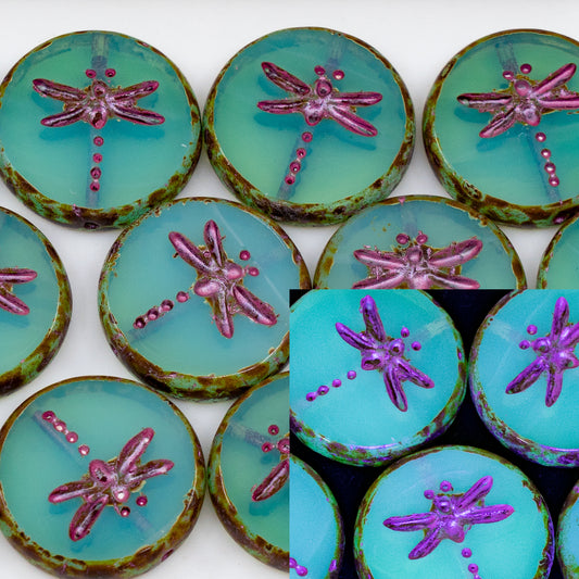 OUTLET 10 grams Table Cut Dragonfly Beads, 17 x 17 mm, Opal Aqua Travertin Pink Lined (61100-86800-54321), Glass, Czech Republic