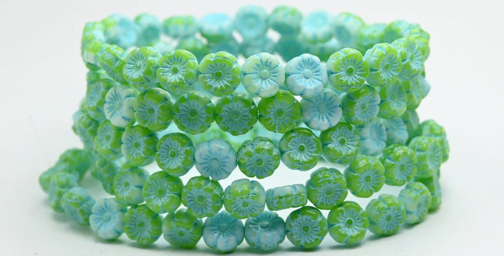 OUTLET 150 pcs Hawaiian Flower Beads, 8 x 8 mm, Opal Green White Light Blue Lined (52010-02010-54308), Glass, Czech Republic