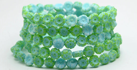 OUTLET 150 pcs Hawaiian Flower Beads, 8 x 8 mm, Opal Green White Light Blue Lined (52010-02010-54308), Glass, Czech Republic