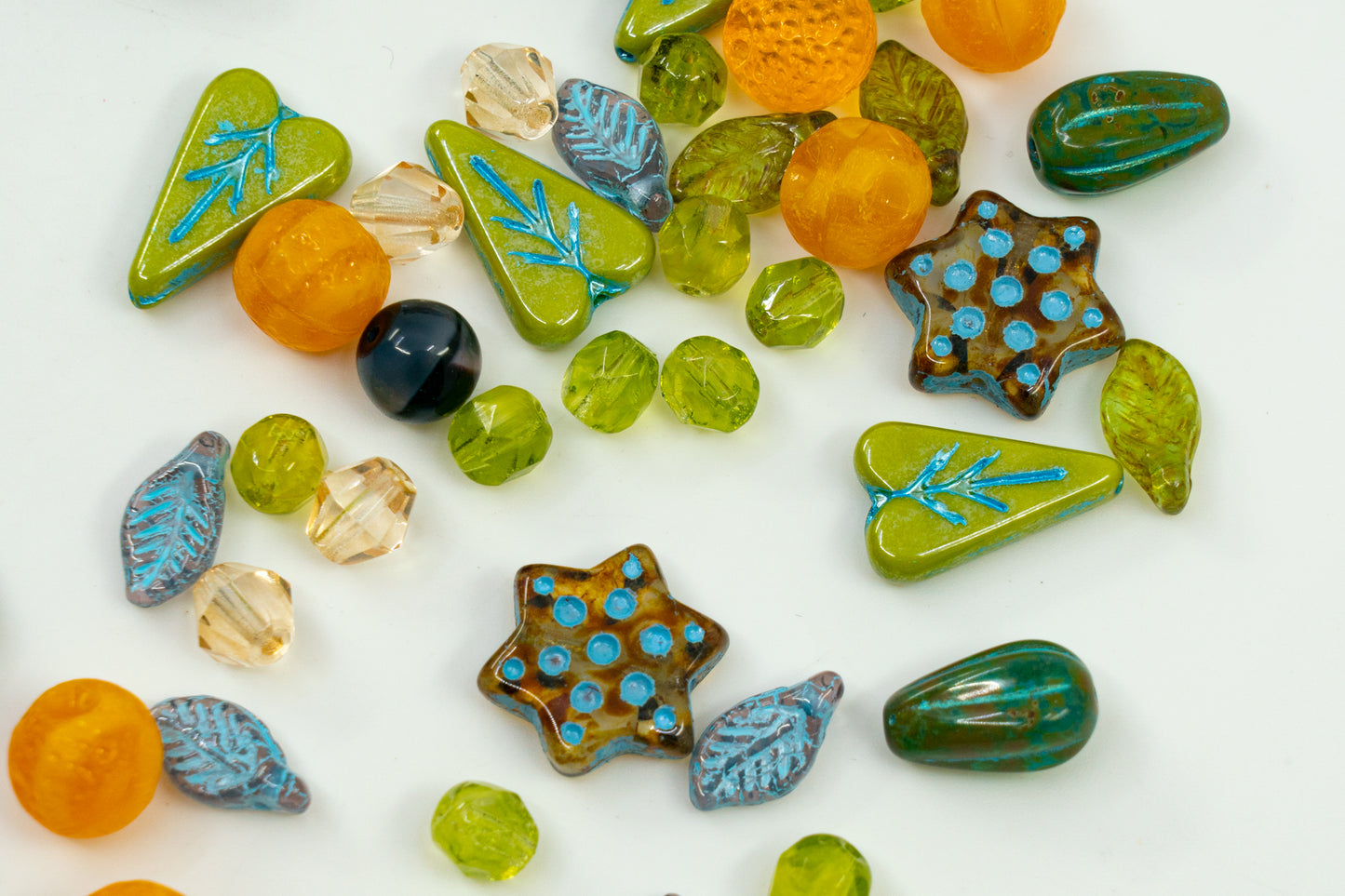 LIMITED Mix of Czech Glass Beads, Hand Made Set Kit, Purple Spindl Yellow Petunia Glass Beads mix striped-orange