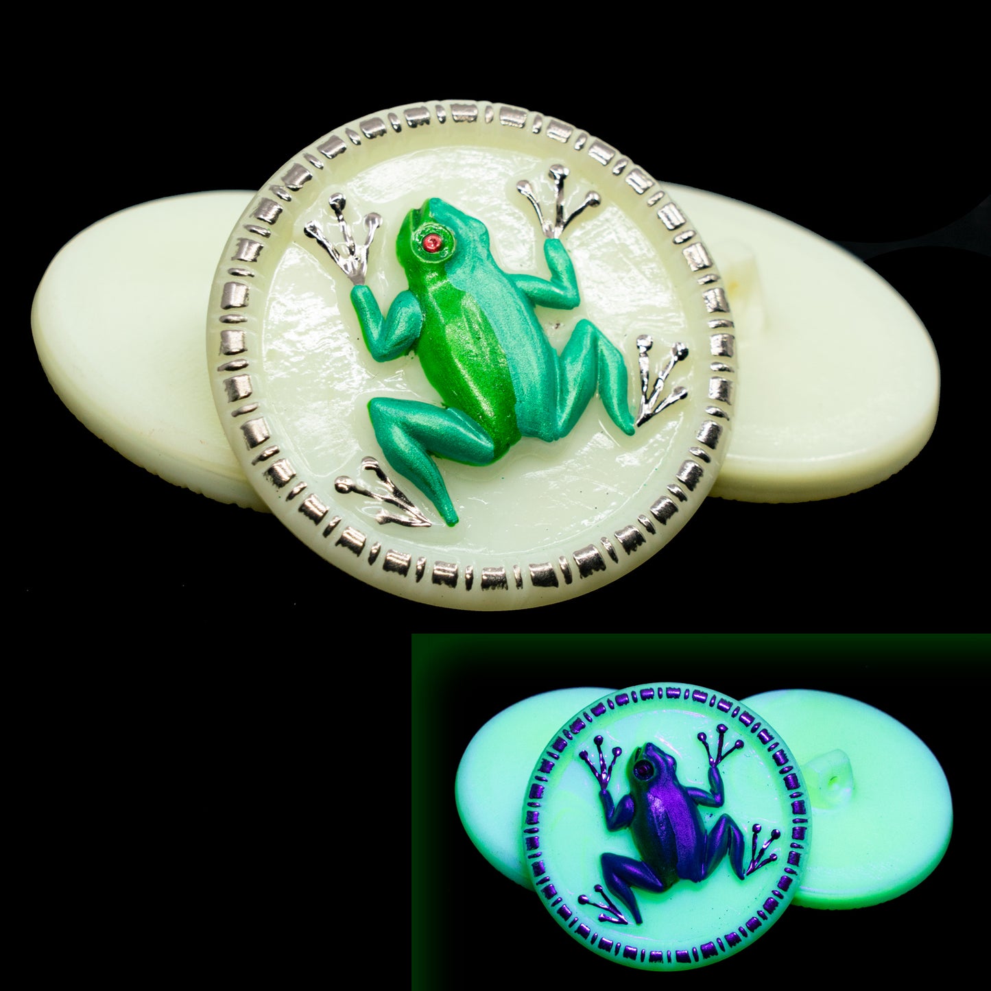 OUTLET 1pc Czech Uranium Glass Handmade Button, Size 16 (36 mm), Animal Design - Pale Yellow Frog