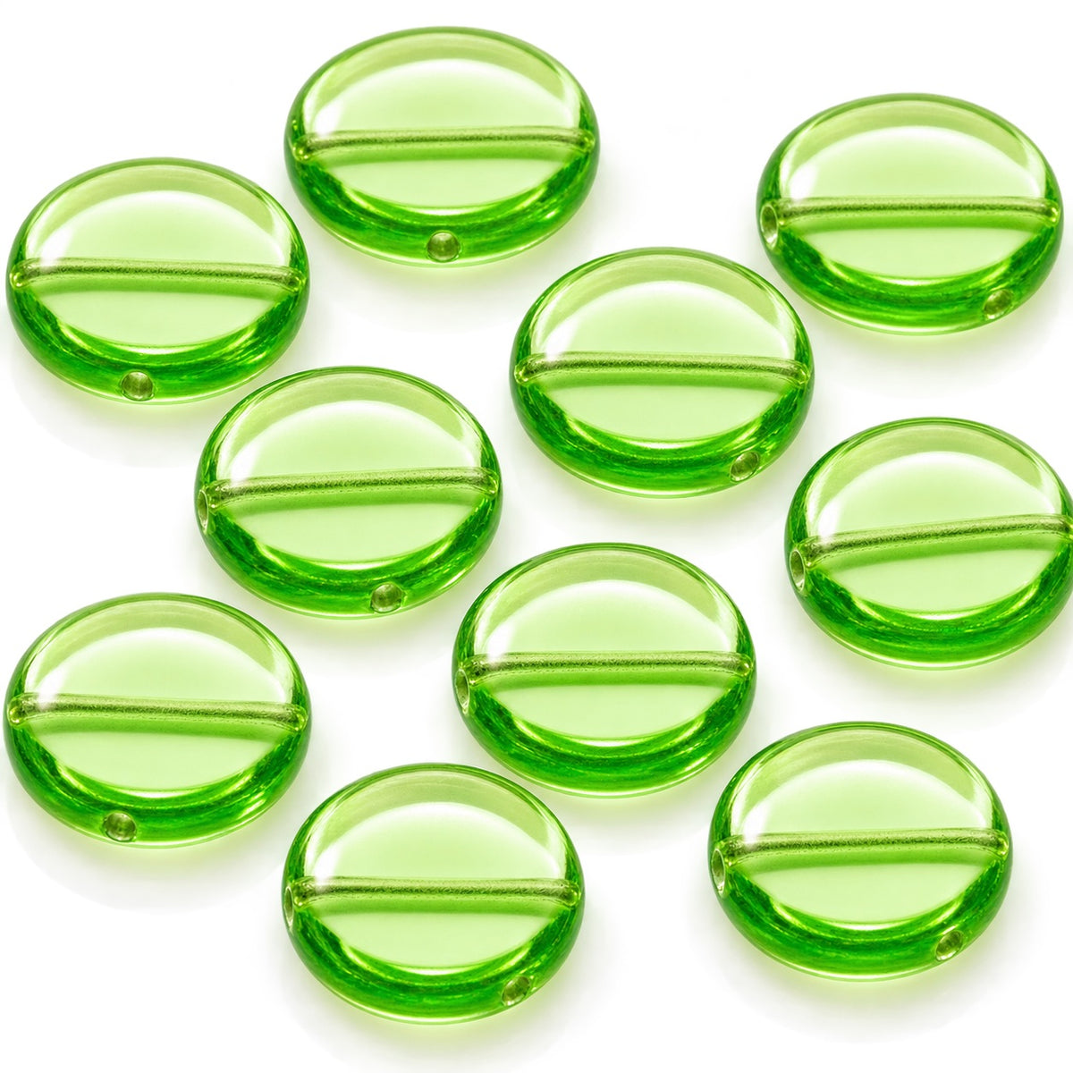 Flat Round Coin Beads, Transparent Green (50110), Glass, Czech Republic