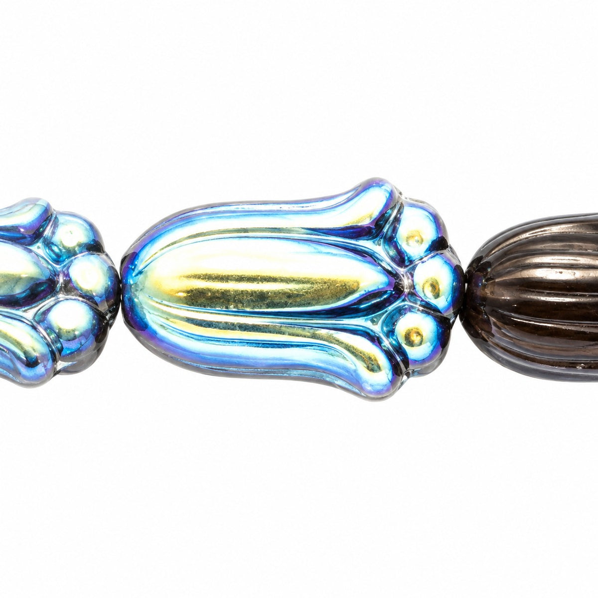 Tulip Flower Beads, Black Ab (23980-28701), Glass, Czech Republic