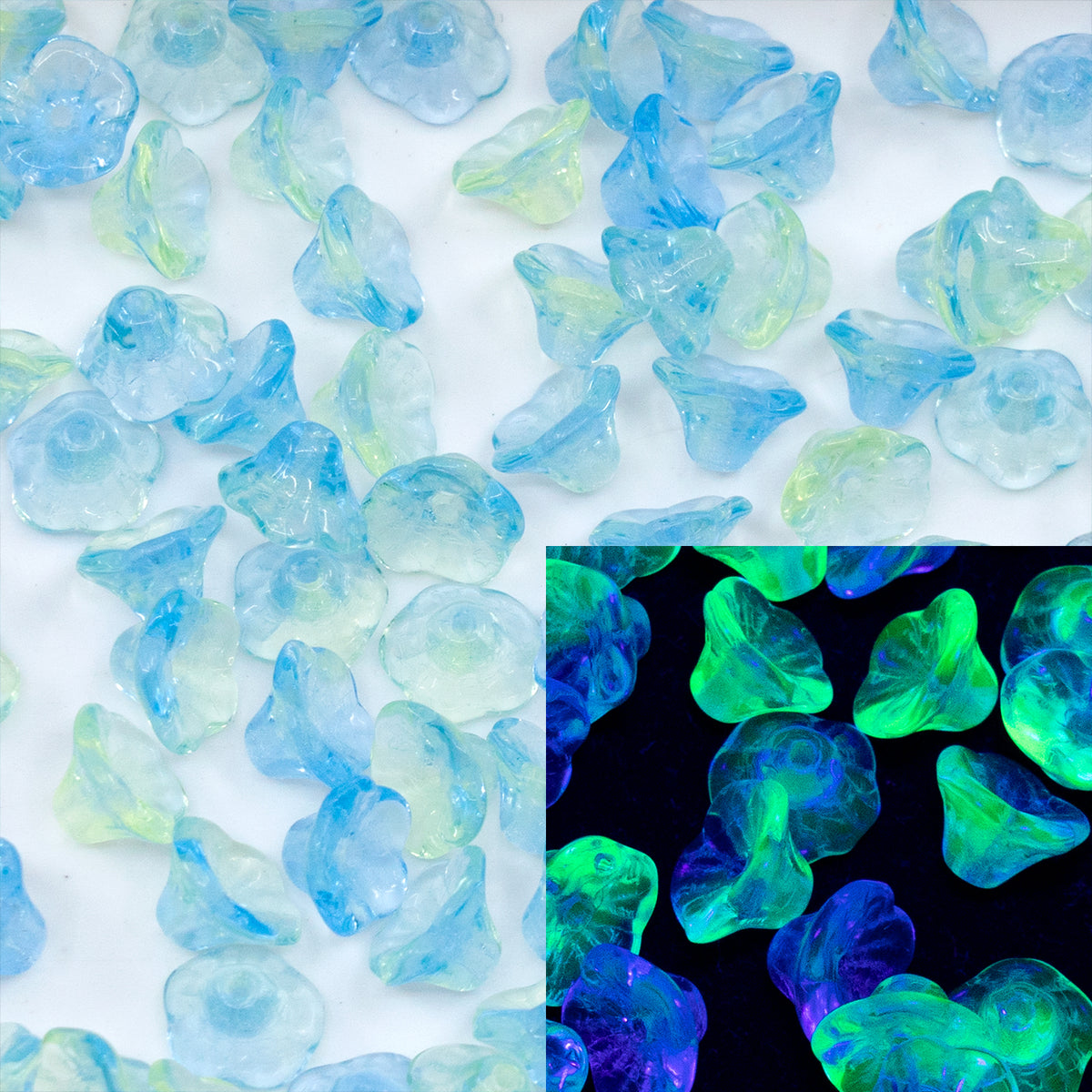 OUTLET 250g/50g Bell Flower Cup Beads, 7 x 5 mm, Transparent Blue Transparent Yellow (30020-80130), Glass, Czech Republic