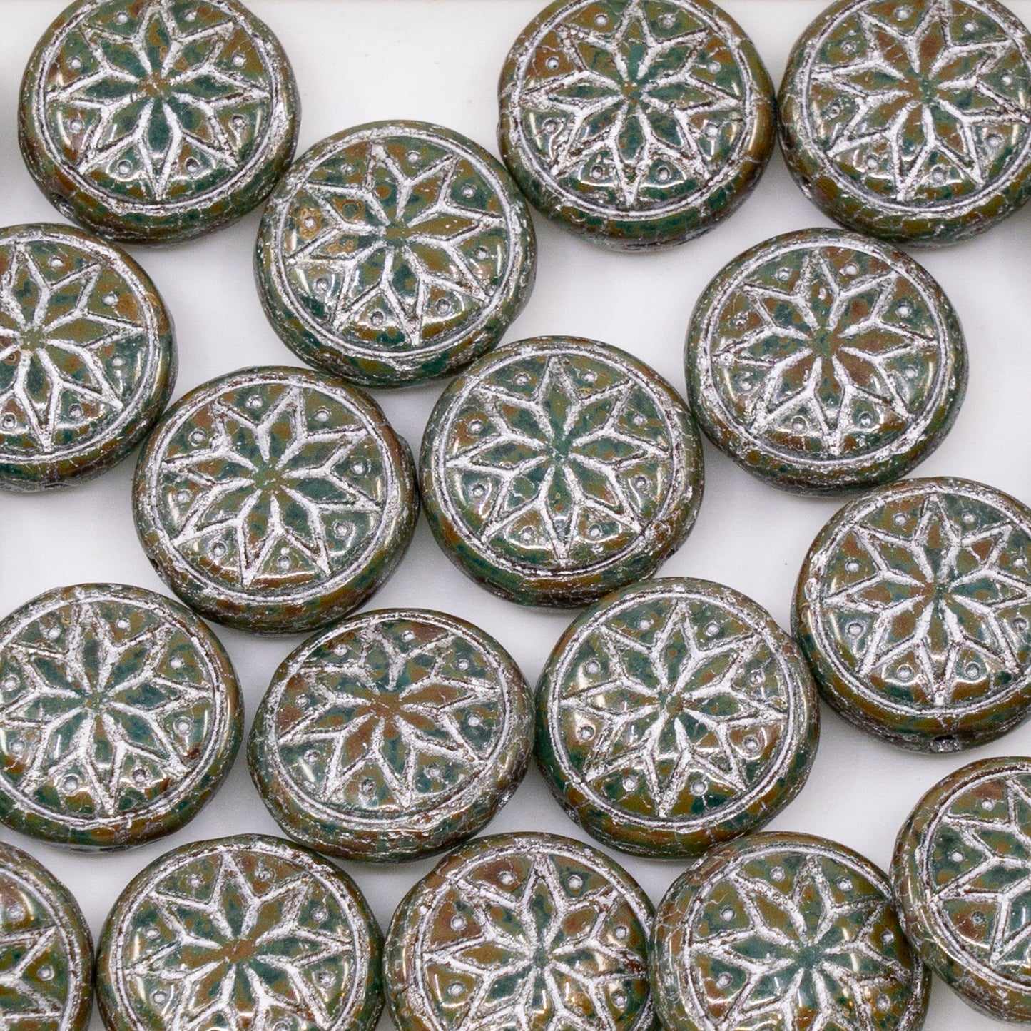 OUTLET 50 grams Pressed Round Beads with Star Ornament, 13 x 13 mm, Transparent Aqua Travertin Silver Lined (60010-86800-54301), Glass, Czech Republic