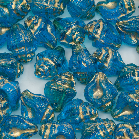 OUTLET 250g Murex Shell Beads, 15 x 12 mm, Transparent Aqua Gold Lined (60020-54302), Glass, Czech Republic