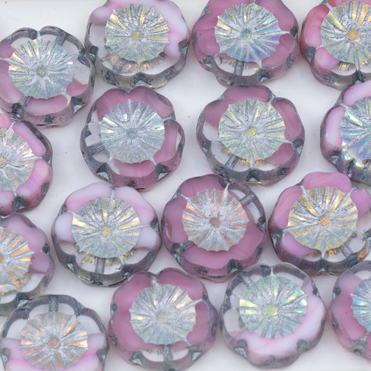 OUTLET 10 grams Table Cut Hawaii Flower Beads, 14 x 14 mm, Pink Ab Full (2X Side) Silver Lined (R0742-28703-54301), Glass, Czech Republic