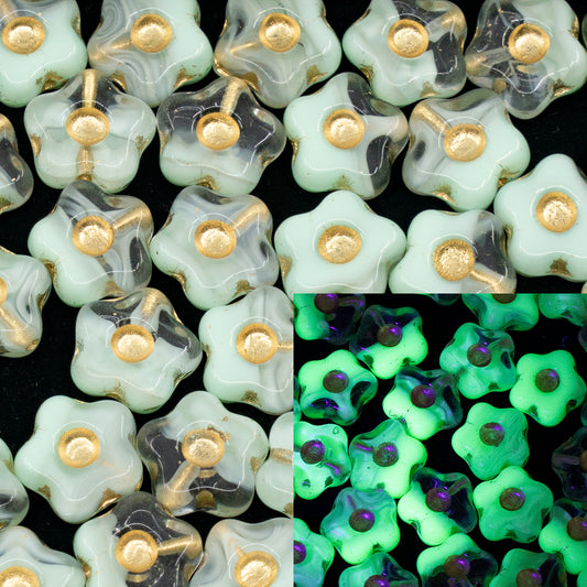 OUTLET 10 grams Simple Flower Pressed Glass Beads, 11 x 11 mm, Teal Gold Lined (56218-54202), Glass, Czech Republic