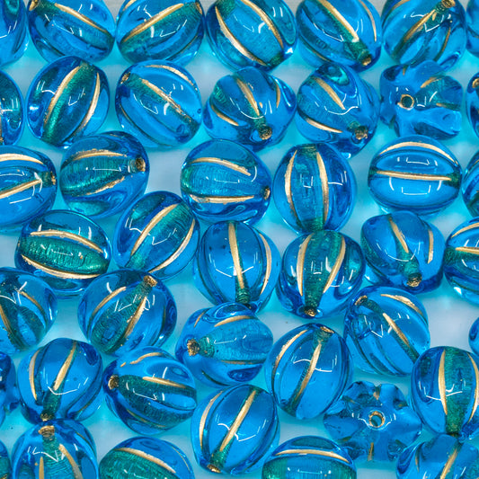 OUTLET 250g/50g Melon Beads, 10 x 10 mm, Aqua Blue Gold Lined (60020-54202), Glass, Czech Republic