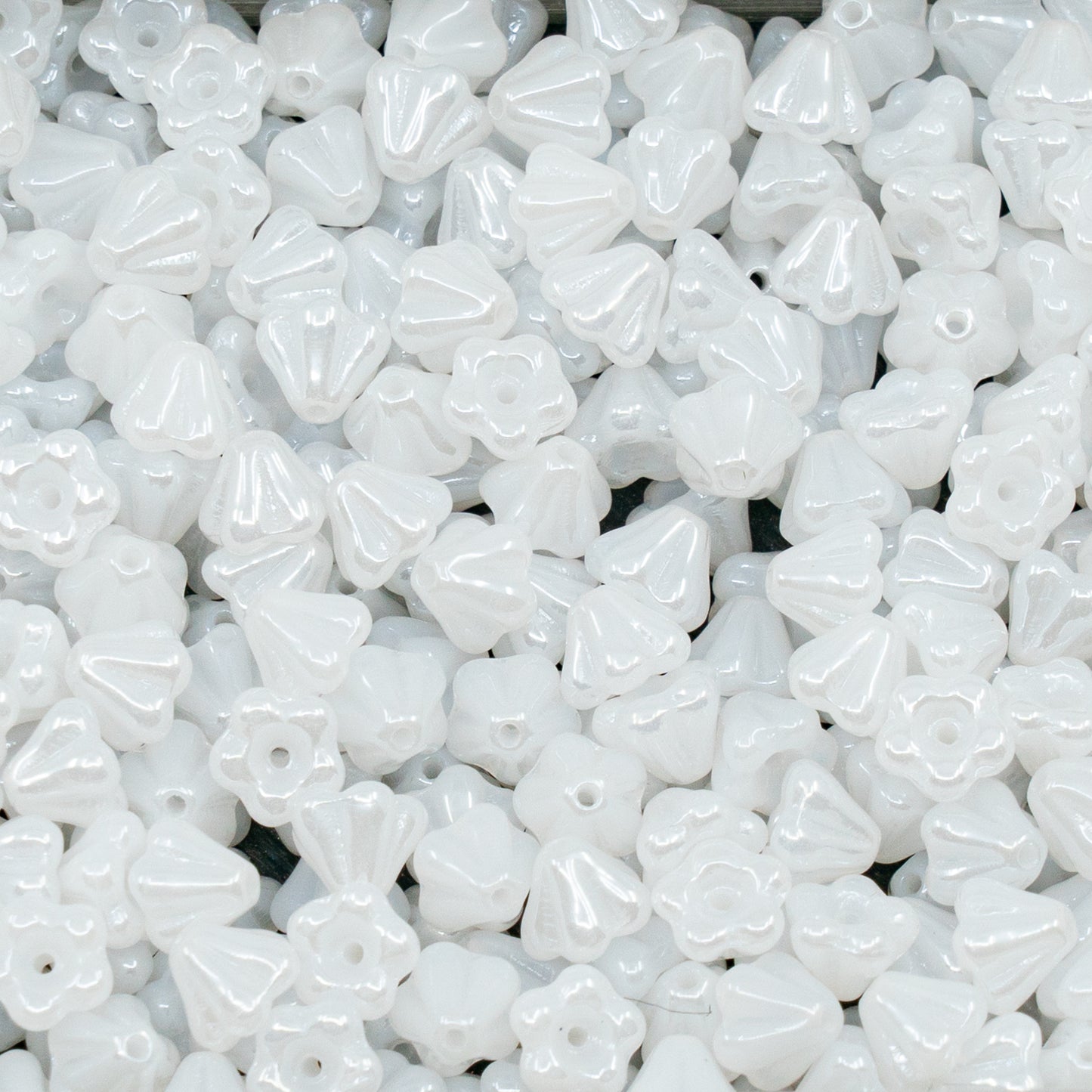 OUTLET 250g/50g Bell Flower Beads, 4 x 6 mm, White Rainbow Iris (02010-21402), Glass, Czech Republic