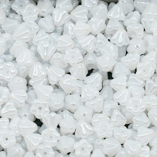 OUTLET 250g/50g Bell Flower Beads, 4 x 6 mm, White Rainbow Iris (02010-21402), Glass, Czech Republic