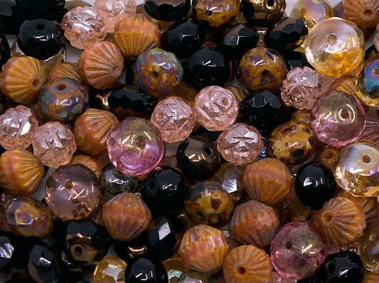 OUTLET 10 grams Faceted Fire Polished Beads Mix (Cathedral, Rondelle, Lantherns), Mix Pink Beige (), Glass, Czech Republic