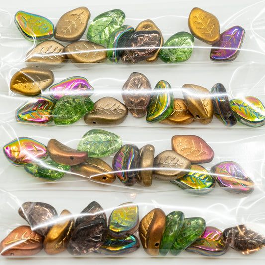 OUTLET 10 grams Wavy Leaf Beads, 9 x 14 mm, Green Gold Mixed Colors (green-gold-mix), Glass, Czech Republic