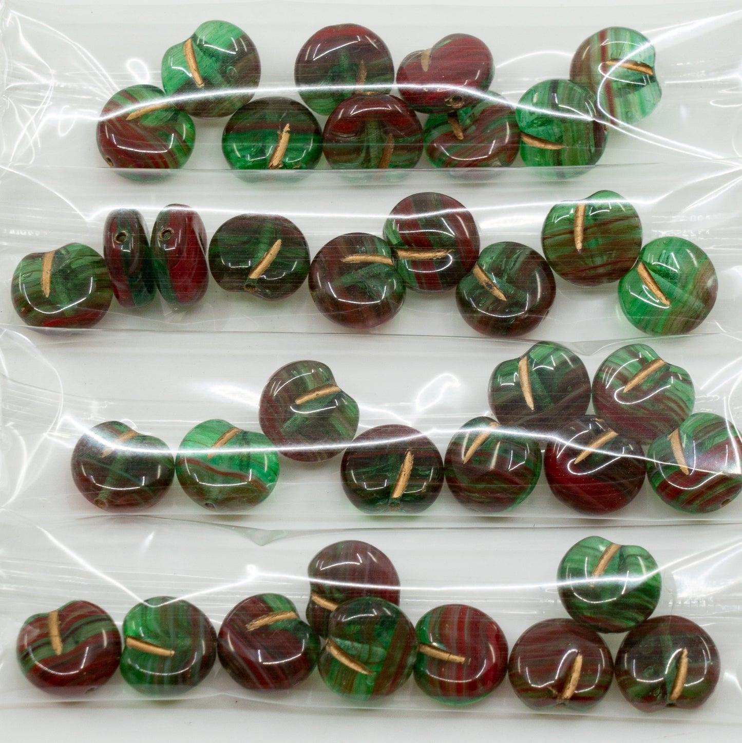 OUTLET 10 grams Apple Shaped Beads, 11 x 12 mm, Red Green Gold Lined (red-green-54302), Glass, Czech Republic