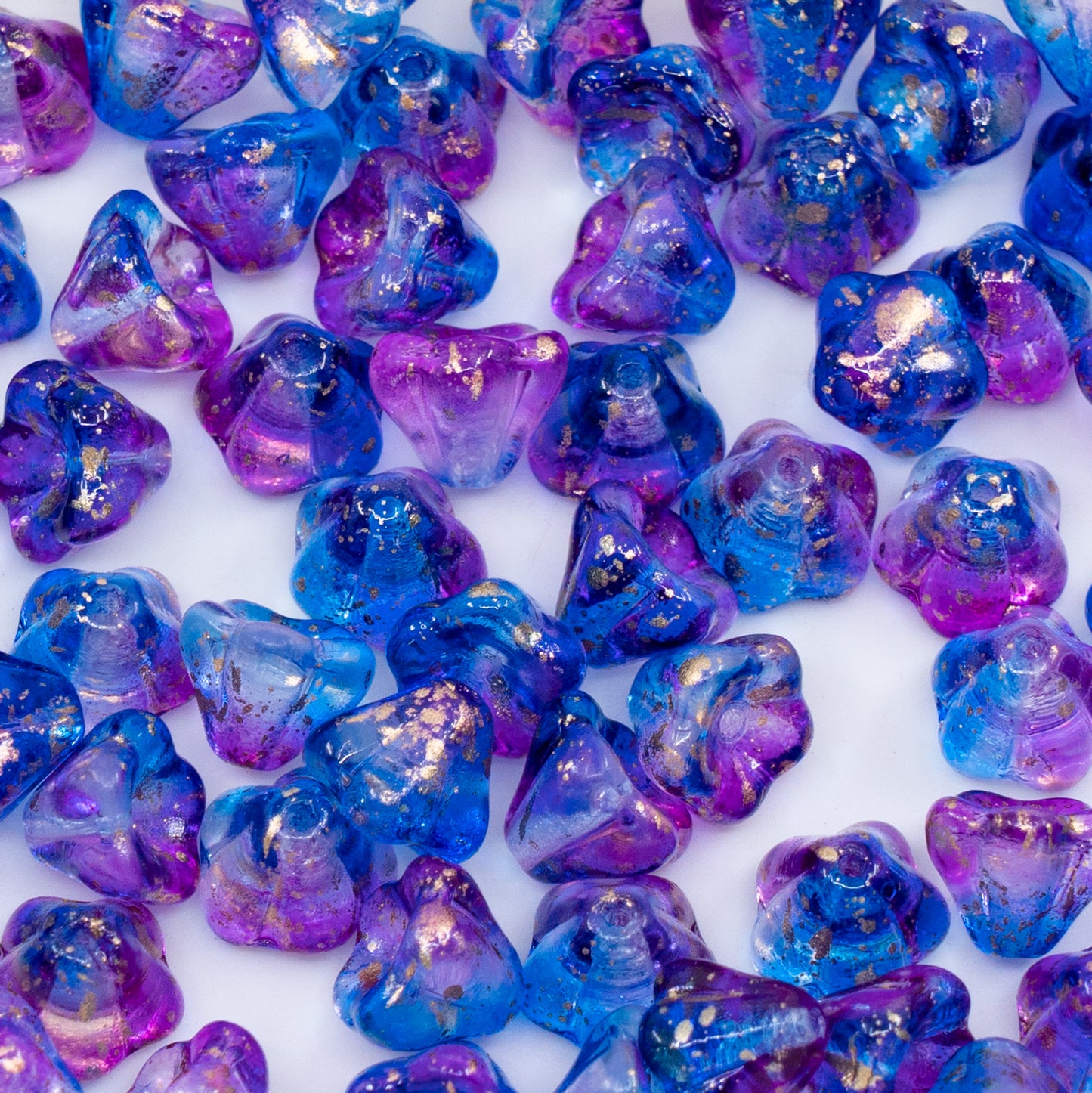 OUTLET 250g/50g Bell Flower Beads, 6 x 8 mm, Crystal 48686 Gold Splash (00030-48686-94401), Glass, Czech Republic