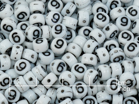 OUTLET 250g Pressed Czech Glass Letter Number Beads, 6 x 6 mm, (6), White Black Lined, Glass, Czech Republic
