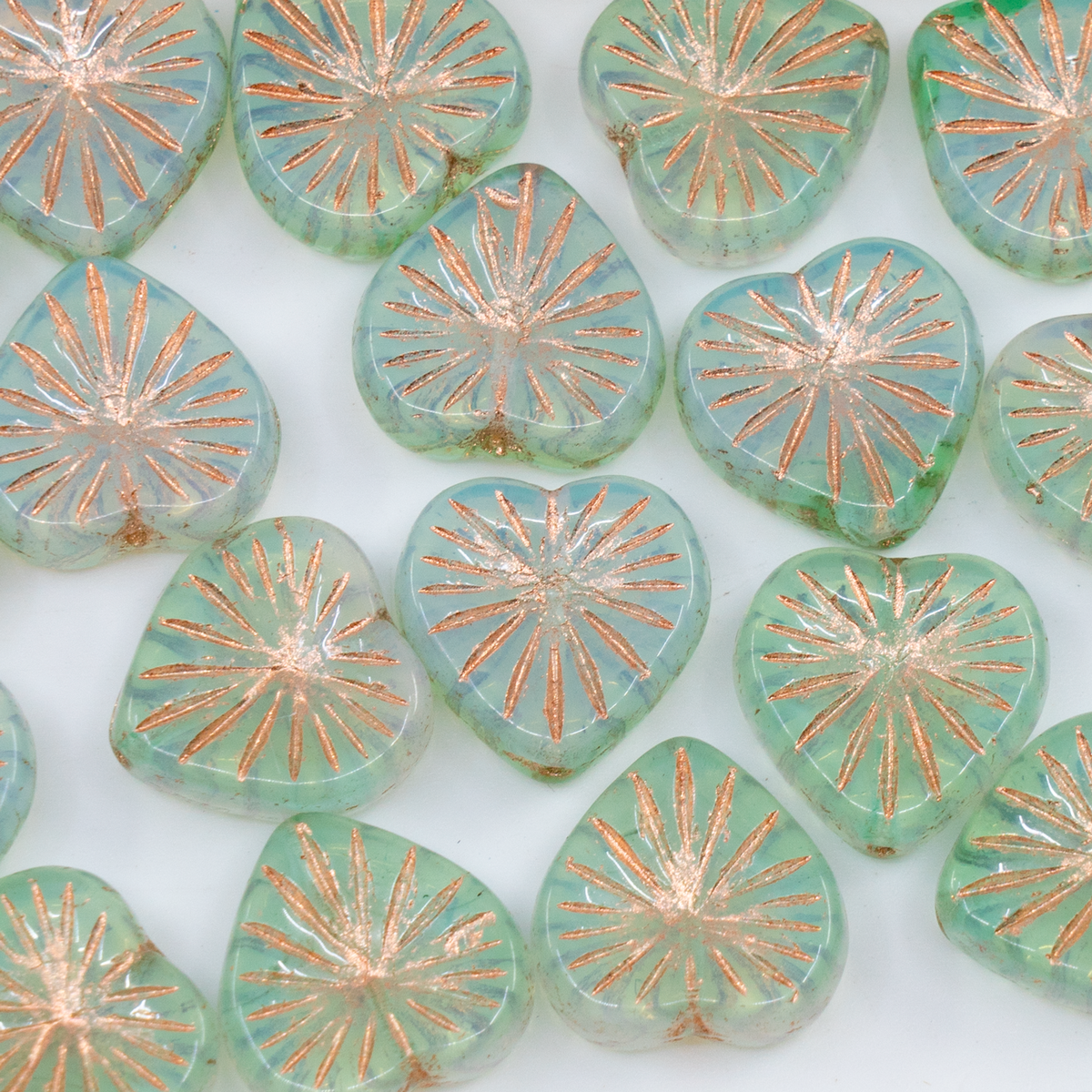 OUTLET 250g/50g Kiwi Heart Beads, 14 x 14 mm, Opal White Transparent Green Copper Lined (01000-50800-54307), Glass, Czech Republic
