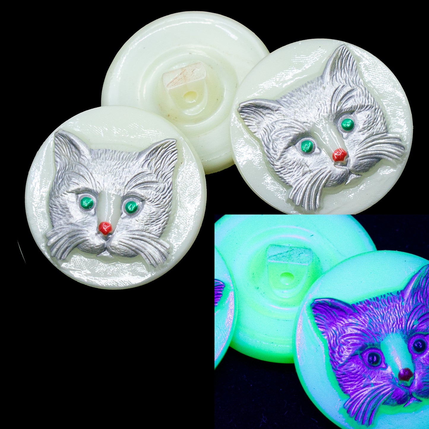 OUTLET 1 pcs Czech Glass Handmade Button, Size 8 (18 mm), Animal Design - Cat (), Glass, Czech Republic
