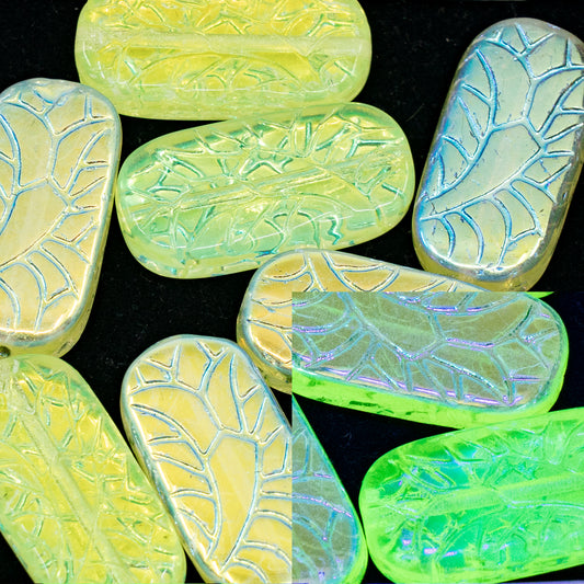 OUTLET 250g/50g Rectangle With Ornament Pressed Glass Beads, 25 x 12 mm, Transparent Yellow AB (80130-28701), Glass, Czech Republic