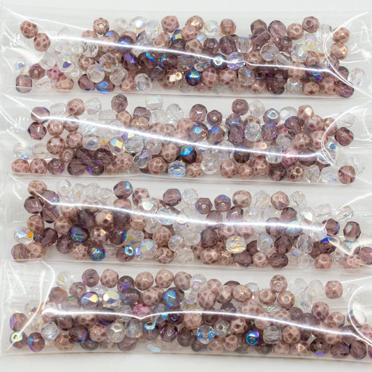アウトレット 10グラム ファセットラウンドファイアポリッシュビーズ、4 x 4 mm、ピンクパープルミックスカラー（ピンクパープルミックス）、ガラス、チェコ共和国