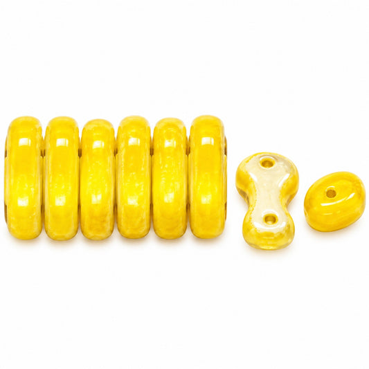 2-Hole Pressed Beads, Yellow Ab (83120-28701), Glass, Czech Republic