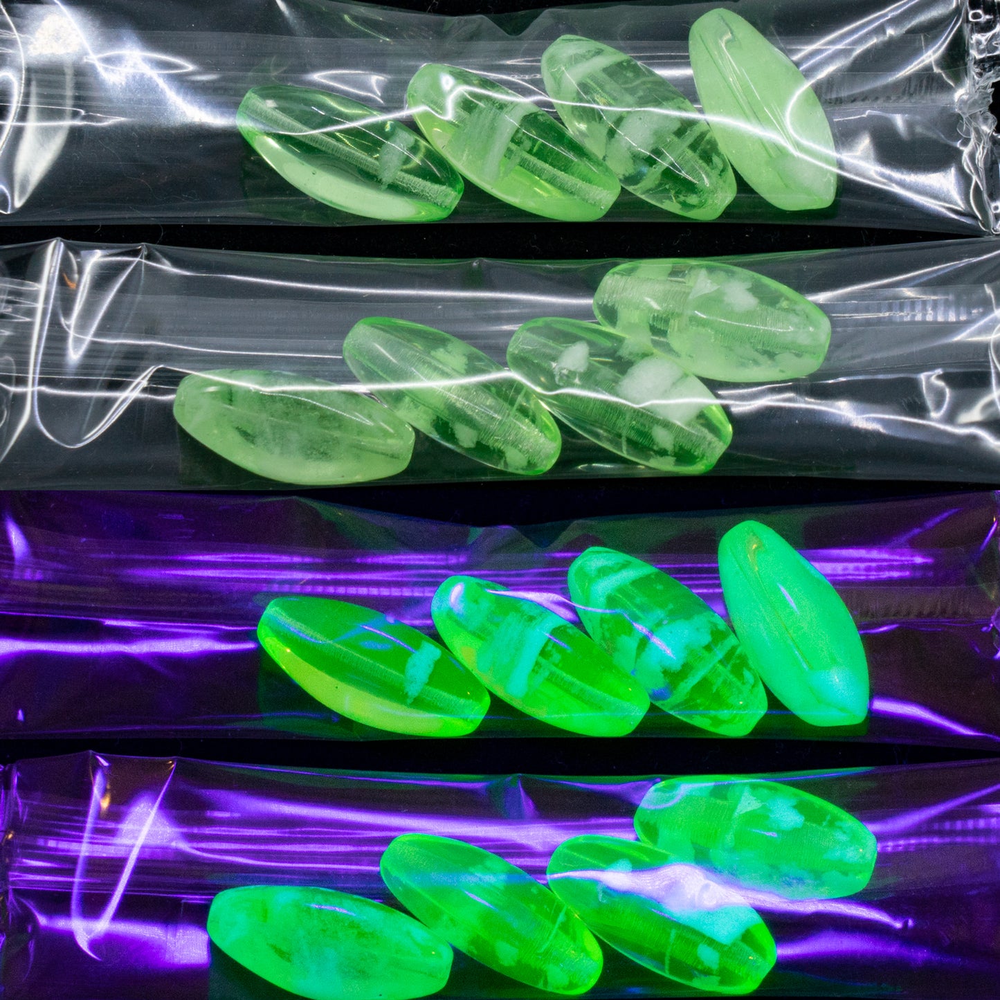 插座 10克椭圆形珠子，21 x 9毫米，绿色发光条纹（green-88035），玻璃，捷克共和国