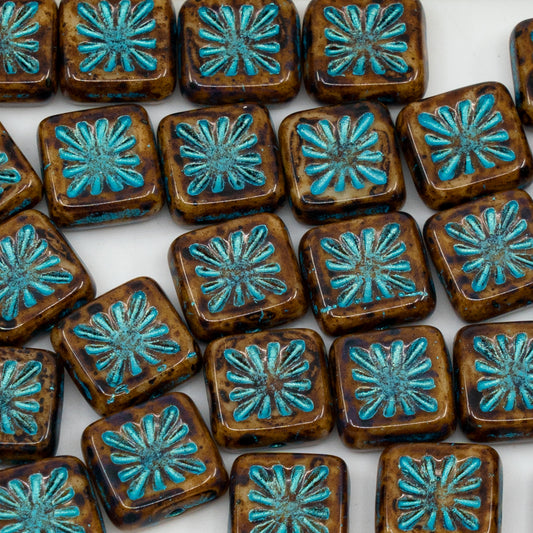 OUTLET 250g/50g Squared Kiwi Beads, 10 x 10 mm, Beige Travertin Light Blue Lined (13020-86800-43811), Glass, Czech Republic