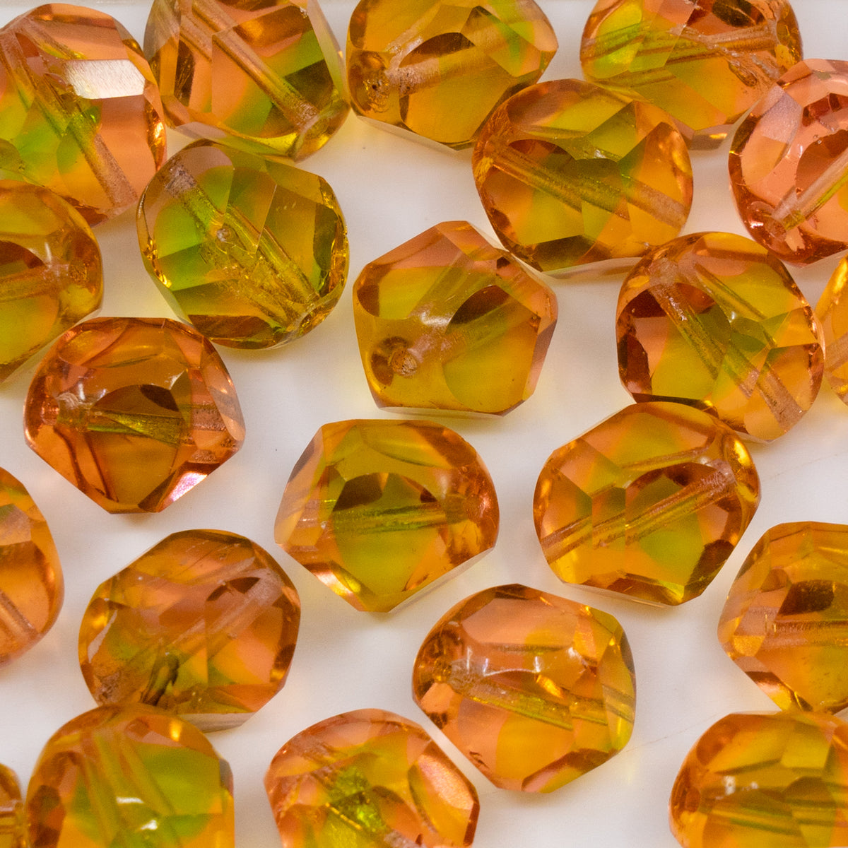 OUTLET 250g/50g Special Cut Gem-Like Fire Polished Beads, 12 x 12 mm, Orange Green Transparent (87701), Glass, Czech Republic